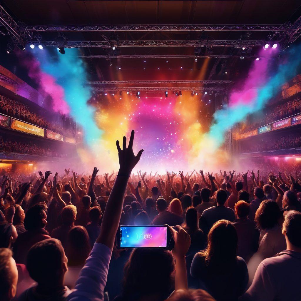 A dynamic scene of a vibrant live event with a diverse crowd cheering, featuring a stage with bright lights and a charismatic performer engaging with the audience. Include elements of social media interaction, such as floating comment bubbles and live updates, showcasing a blend of excitement and real-time engagement. The atmosphere should be electric, filled with colors and energy that invite viewers to participate. super-realistic. vibrant colors. 3D.