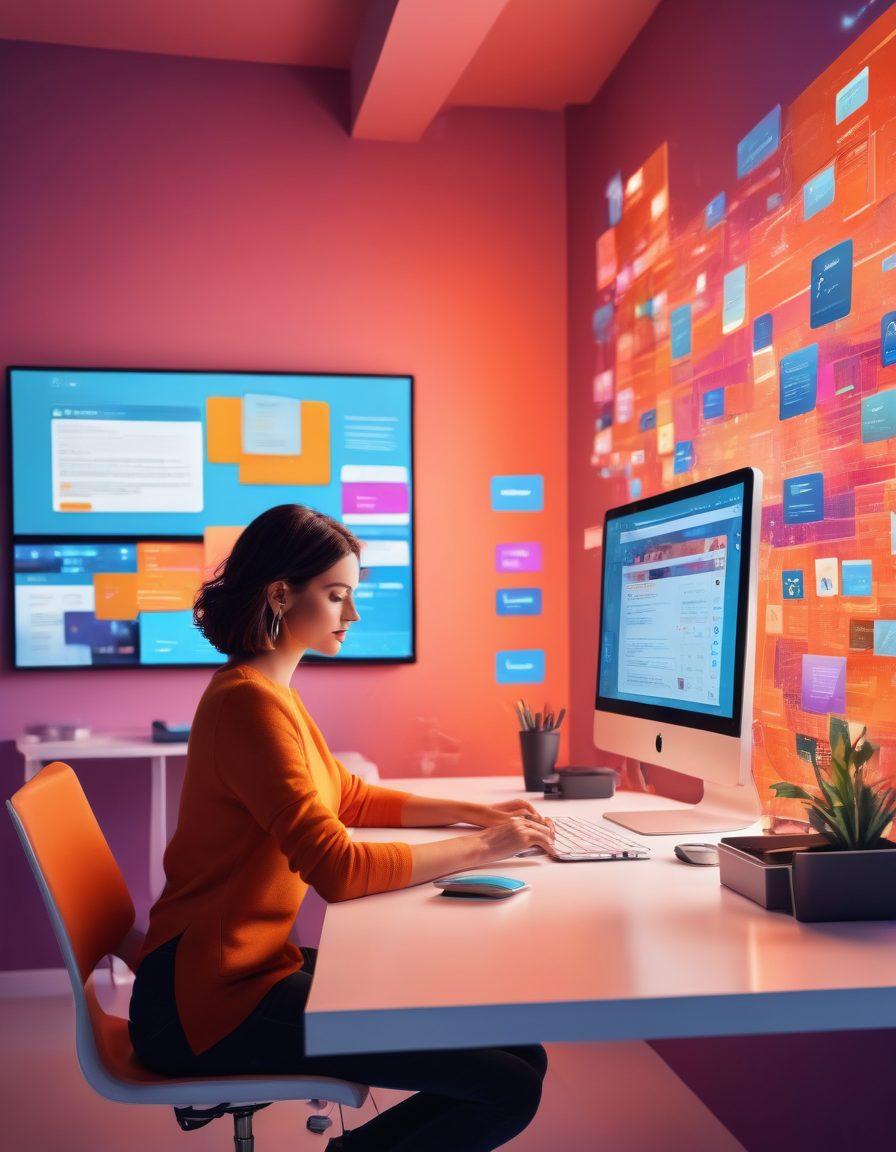 A modern blogger sitting at a sleek desk, surrounded by floating colorful digital interactive elements like polls, quizzes, and videos. The atmosphere is dynamic, with screens showcasing audience engagement statistics and social media interactions. A warm, inviting light fills the room, symbolizing creativity and innovation. The overall mood is energetic and vibrant, reflecting the power of modern blogging. vibrant colors. 3D. digital art.