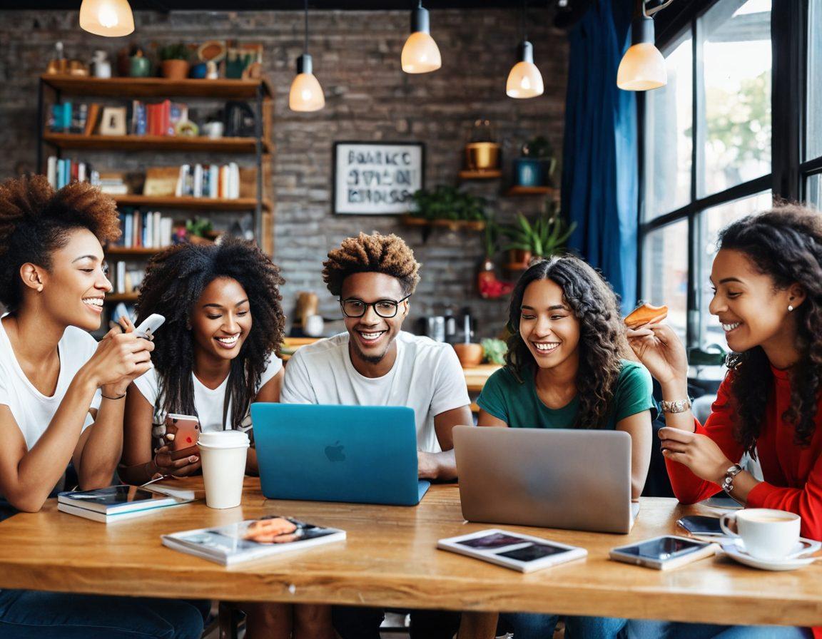 An energetic scene showcasing a diverse group of enthusiastic people engaging in live blogging, with laptops and smartphones around a modern coffee shop table. The background features vibrant décor and accessories related to lifestyle and entertainment, like books, music instruments, and colorful snacks. Emphasize their interactions and expressions of excitement while using digital devices for live updates. Bright, vivid colors and a dynamic atmosphere. super-realistic. vibrant colors.